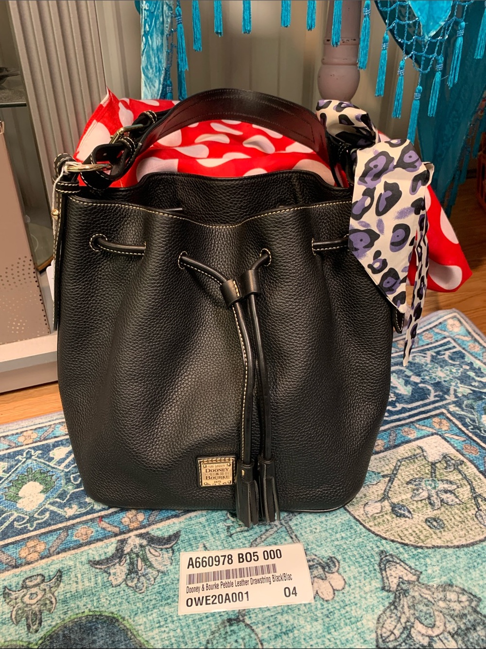 Dooney & Bourke R2077 pebbled leather drawstring bucket bag NEW QVC black